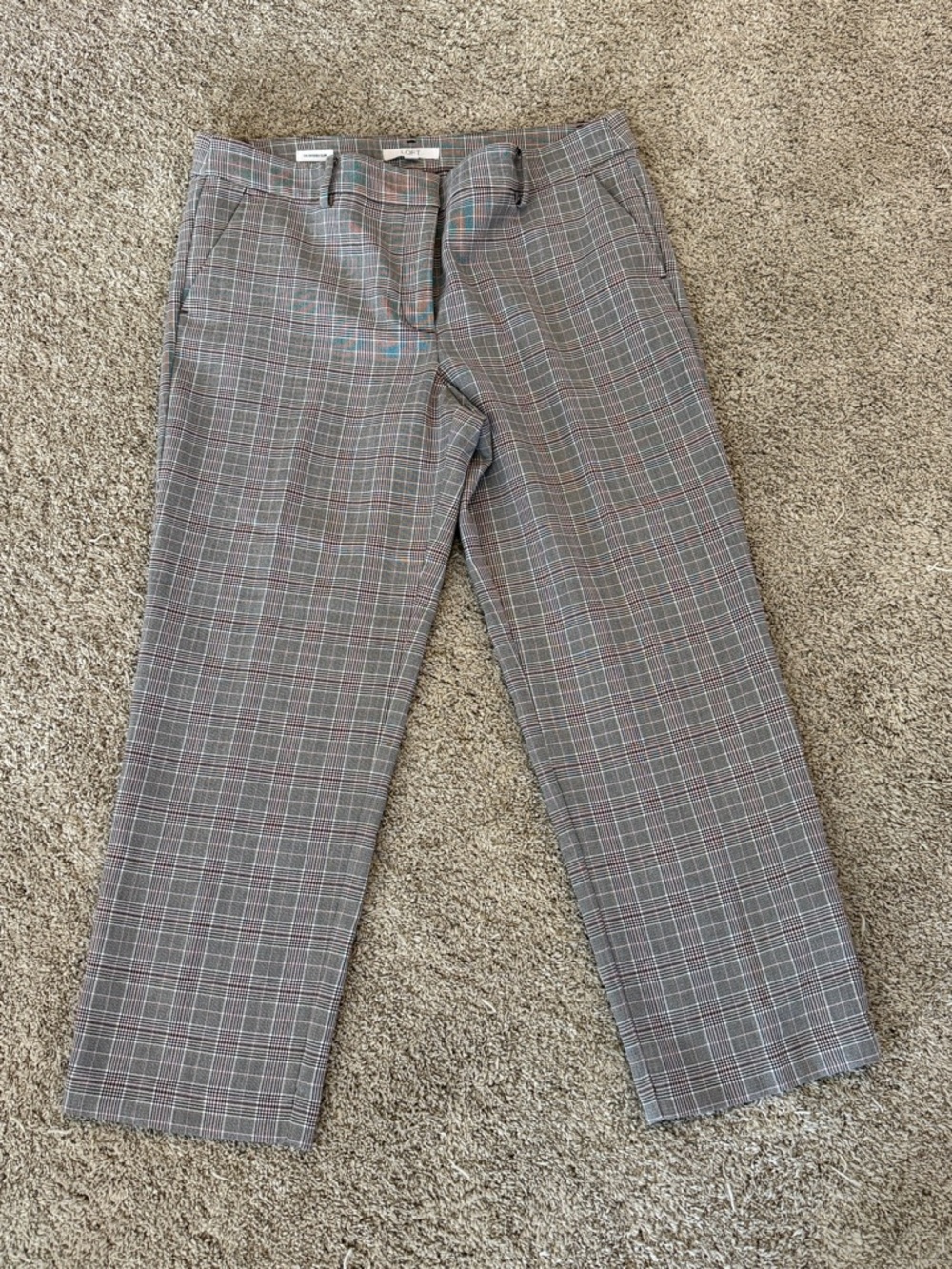 LOFT Women's Straight Leg Plaid Pants in Gray with Subtle Red & Blue Windowpane